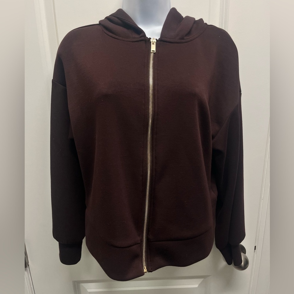 Magaschoni Chocolate Brown Zip Up Hoodie - Size M - Quiet Luxury Buttery Soft